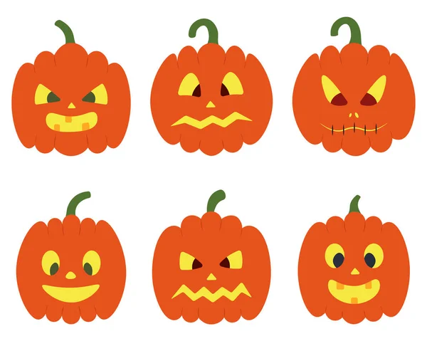 Pumpkin. Faces. Orange vegetable backlit. Vector set of illustrations. Isolated white background. Halloween symbol. A collection with a variety of grimaces. Flat style. Jack-lantern. Angry, smiling, scared. Idea for web design. All Saints Day.