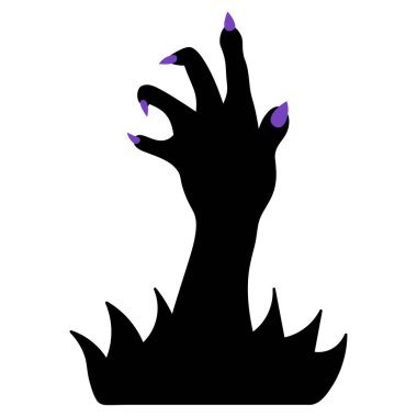 Mor pençeli bir patinin silueti. Ölü adamın eli çim çalılığından seçilir. Keskin tırnaklı pörtlek parmaklar. Uğursuz zombi palmiyesi yüzeye çıktı. Vektör çizimi. İzole edilmiş beyaz arka plan. Cadılar Bayramı sembolü