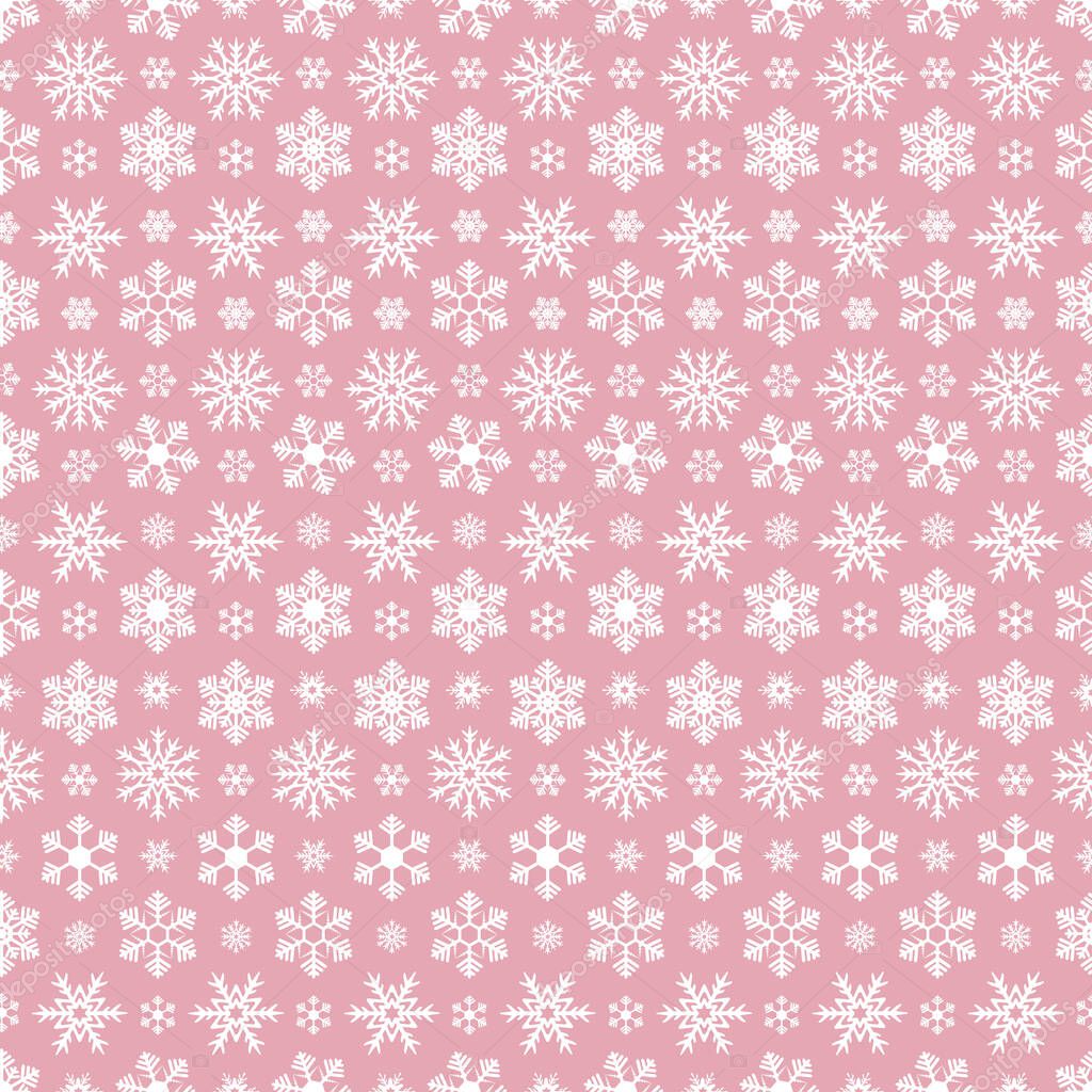Snowflakes. Repeating vector pattern. Isolated pink background. Seamless festive ornament. Delicate crystal background. Idea for web design, packaging, wallpaper, cover, textile. Frostwork. Frozen star. Happy new year and merry christmas. Flat style.