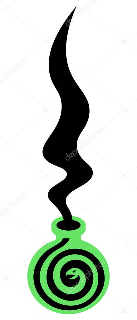 A green bottle of poison. Magical black vapors in the form of a snake emerge from the bubble. Vector illustration. Reptile with fangs. A miraculous drink. Flat style. Witch potion in a jar. Isolated white background. Halloween symbol. All Saints Day