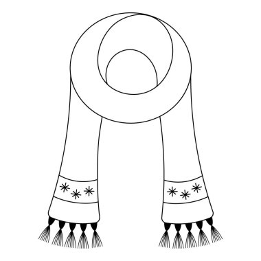 Eşarp. Robot resim. Vektör çizimi. Kar taneleri ve püsküllerle süslenmiş şık bir gardırop eşyası. Şenlikli kıyafetler. Çocuklar için boyama kitabı. İzole edilmiş beyaz bir arkaplanda ana hatlar. Doodle tarzı. Mutlu yıllar ve mutlu Noeller.. 