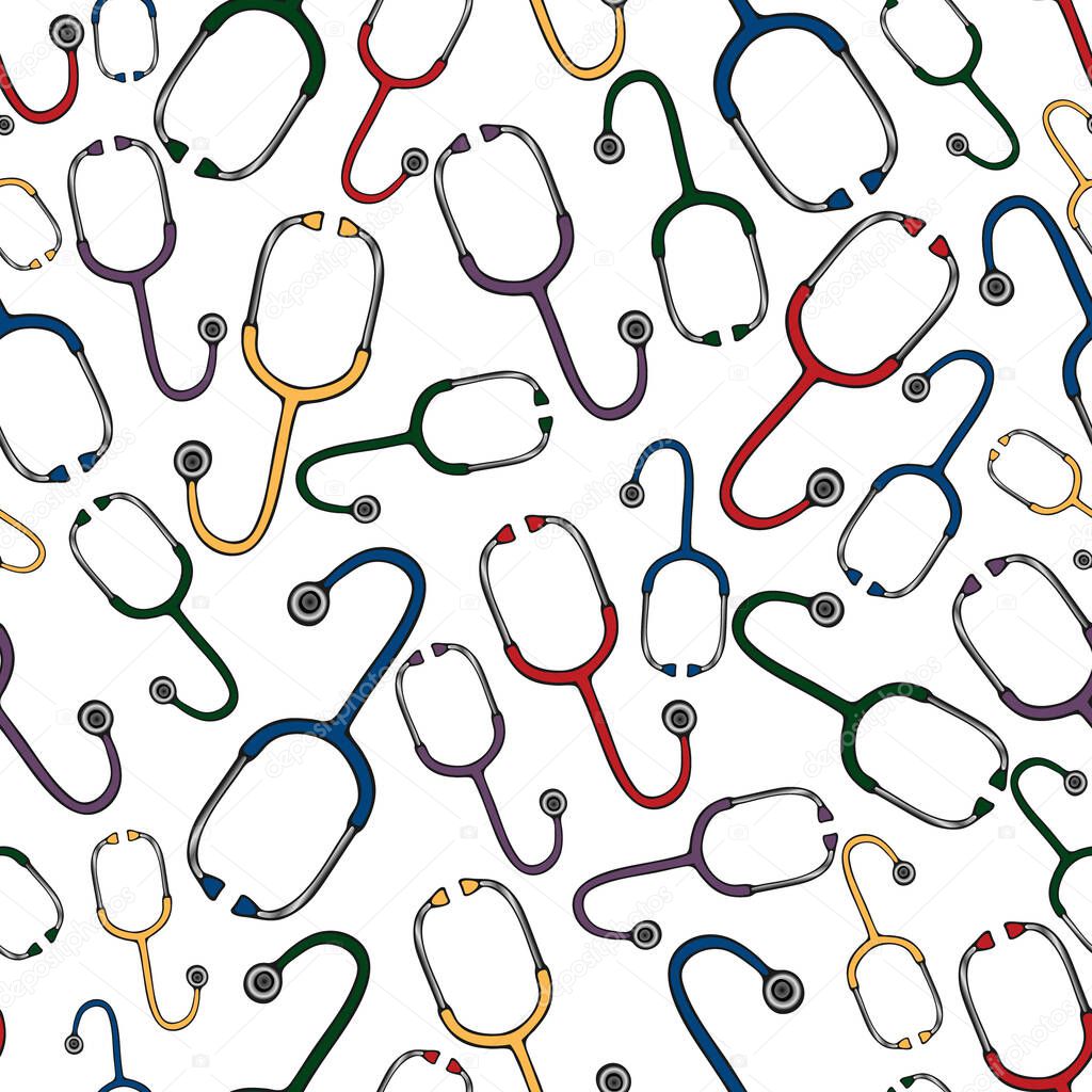Stethoscope. Medical diagnostic device. Seamless vector pattern. Isolated colorless background. Repeating medical ornament. Doctor's tool. Cartoon style. Endless background. Health topic. Idea for web design, packaging, wallpaper, cover.