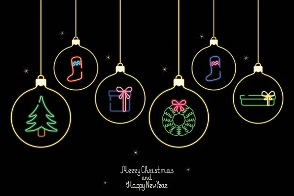 Χριστουγεννιάτικη Κάρτα Λάμπει Νέον Χριστουγεννιάτικα Παιχνίδια Χριστουγεννιάτικο Χορό Εορταστικό Στολίδι — Διανυσματικό Αρχείο