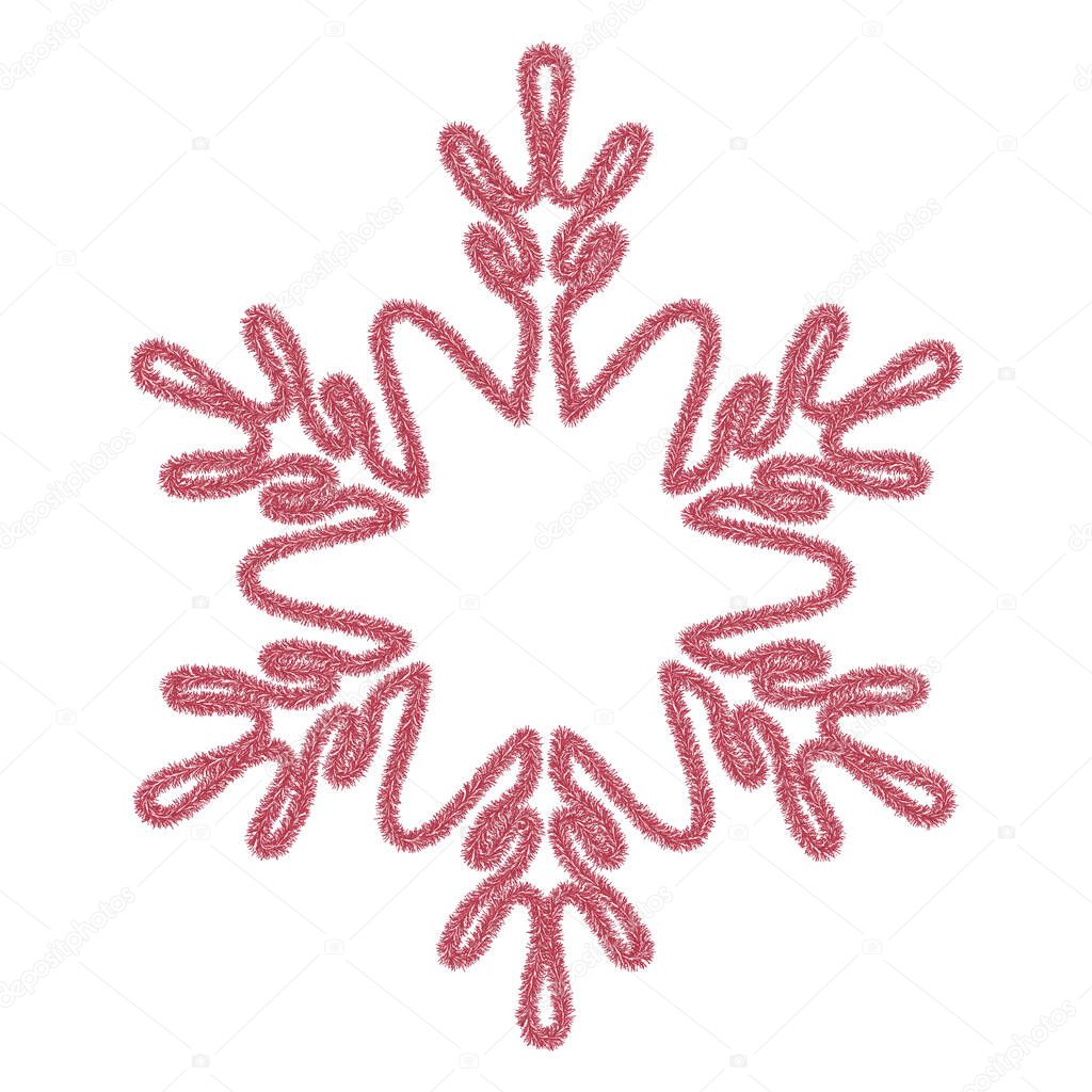 Snowflake. Snowflake made from red tinsel. Festive ornament. Vector illustration. Isolated white background. A fragile crystal with an intricate shape. Frostwork. Snow flakes. Frozen star. Arctic icon. Happy new year and merry christmas. 