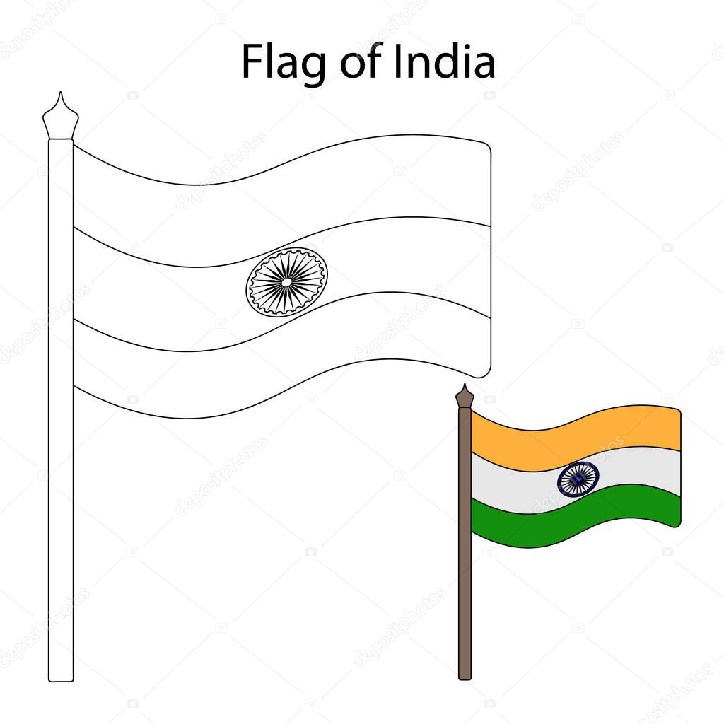 India flag. Color the flag according to the suggested example. Vector illustration. Coloring book for children. Three stripes and a spoked wheel on fabric. The national symbol of the state develops in the wind. Outline on an isolated white background