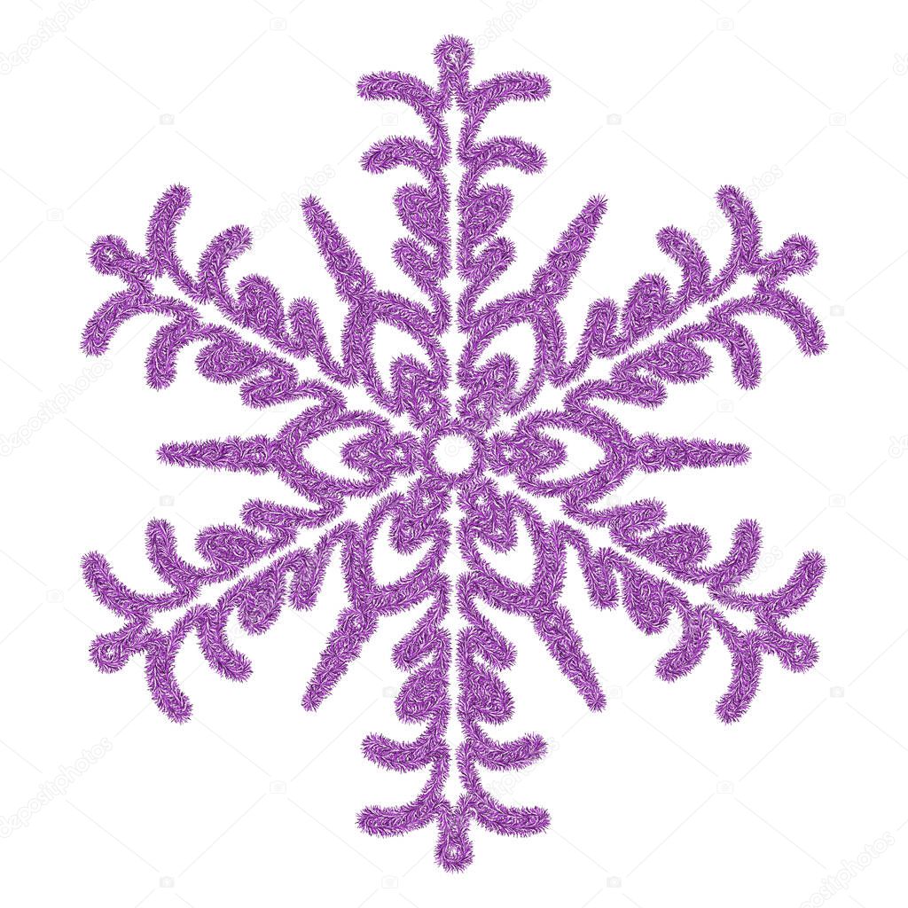 Snowflake. A snowflake made of purple tinsel. Festive ornament. Vector illustration. Isolated white background. A fragile crystal with an intricate shape. Frostwork. Snow flakes. Frozen star. Arctic icon. Happy new year and merry christmas. 