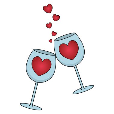 - Şerefe. Kırmızı bir kalple süslenmiş iki şarap kadehi. Kristal şarap kadehlerinin sesi. Kalpler uçar. Aşkın sesi. Renkli vektör çizimi. İzole edilmiş arka plan. Sevgililer Günü. Kırılgan tatil yemekleri. Kutlama baskısı. Web tasarımı için fikir, p