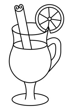 Bir bardak sıcak şarap. Robot resim. İçki bir tarçın çubuğu ve turuncu bir çemberle süslenmiş. Sütlü kahve ve kapuçino için bardak altlığı. Vektör çizimi. Çocuklar için boyama kitabı. İzole edilmiş beyaz arkaplanda özet geç. Web des için fikir