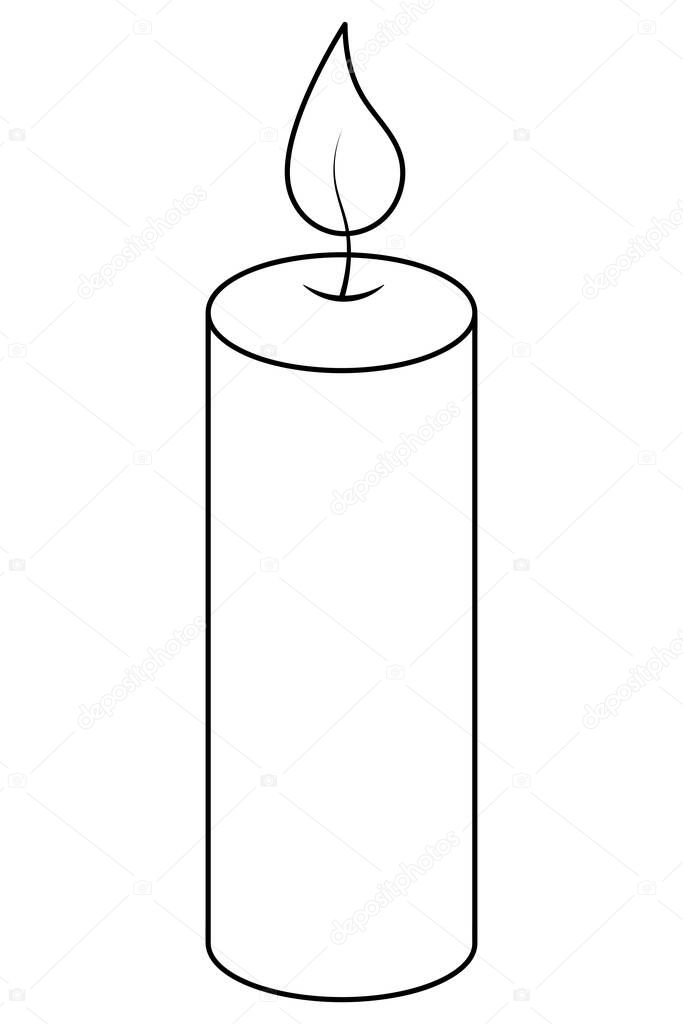 Candle. Sketch. Burning flame. Attribute for prayer. Vector illustration. Coloring book for children. Doodle style. Outline on an isolated background. Ritual attribute. Idea for web design.