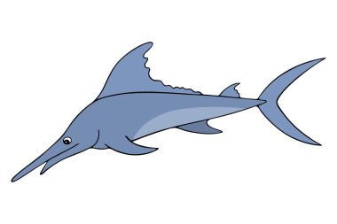 Swordfish. Marlin. Saltwater fish with a long upper jaw in the form of a spear. Ocean dweller. An active predator. Colored vector illustration. Cartoon style. Isolated background. Idea for web design, books.