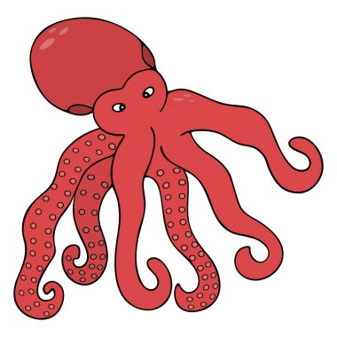 Octopus. Sea monster with tentacles. Ocean dweller. Red sea creature. Colored vector illustration. Cartoon style. Isolated background. Idea for web design, books.