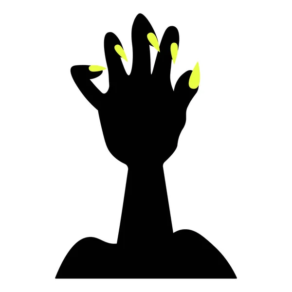 用黄色钉子勾勒的手的轮廓 一个死人的爪子从地里爬出来 用尖利的爪子咬着的手指 那只不祥的僵尸手掌浮出水面 矢量图解 孤立的白色背景 万圣节的象征 — 图库矢量图片
