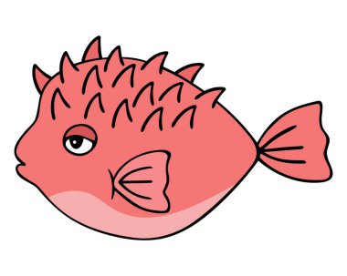 Fish ball. Pink fish. Colored vector illustration. A spiny fish with fins and a tail. Ocean dweller with thorns. Sea puffer. Cartoon style. Isolated background. 