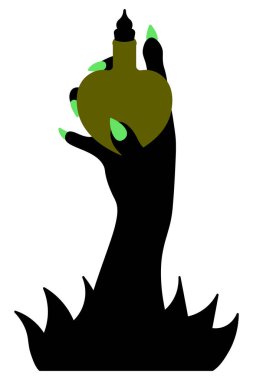 Love potion. Silhouette of a witch's hand holding a vessel in the shape of a heart. Green bottle of love potion. Vector illustration. Long fingers with sharp green nails burst from the thicket of grass. The container is tightly sealed with a stopper.