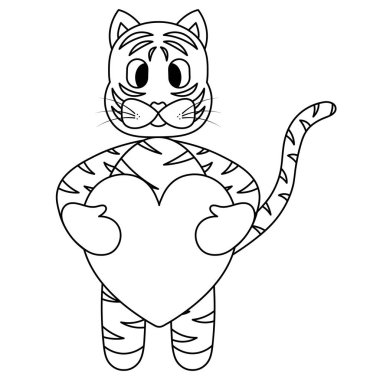 Kaplan. Robot resim. Çizgili bir kedi yavrusunun pençelerinde bir kalp var. Vektör çizimi. Hayvan size aşıkların sembolünü getirir. Çocuklar için boyama kitabı. Sevgililer Günü. Kuyruklu ve bıyıklı peri masalı karakteri. İzole edilmiş arkaplanda özet. 