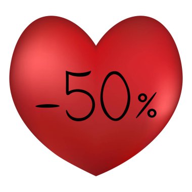 Kalp ve Satış. Kırmızı kalp. Sevgililer Günü için% 50 indirimli. Renkli vektör çizimi. Aşkın sembolü. Tatil indirimi. İzole edilmiş arka plan. Web tasarımı için fikir, afiş.