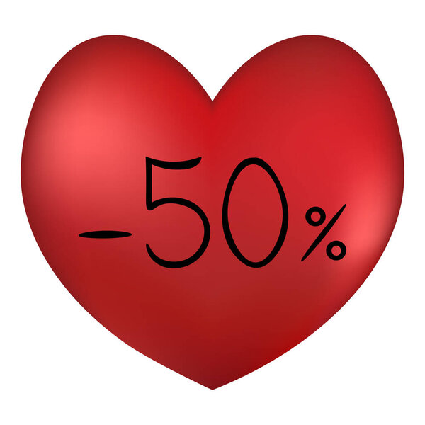 Heart and Sale. Red heart. Seasonal discount -50% for Valentines Day. Colored vector illustration. Symbol of love. Holiday sale. Isolated background. Idea for web design, banner.