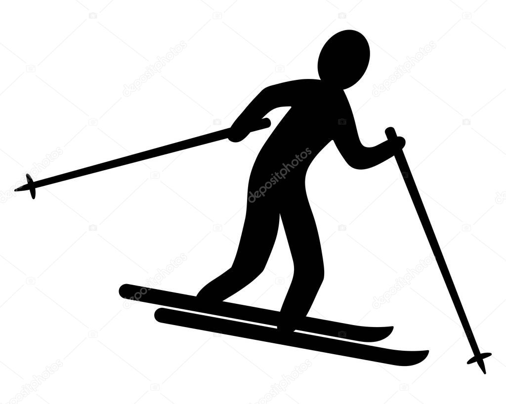 Ski race. Silhouette. The athlete overcomes the distance on skis on a snowy track. Athlete in goggles pushes off with ski poles. Vector icon. Isolated background. Idea for web design.