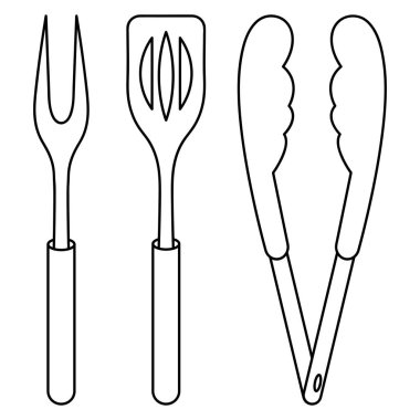 Barbekü aletleri. Robot resim. İki çatallı et çatalı, spatula ve maşa. Vektör çizimi. Boyama. İzole edilmiş arka planda özet geç. Doodle tarzı. Mangaldan yiyecek çıkarmak, taşımak ve taşımak için gerekli aletler. Web tasarımı için fikir.