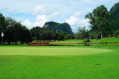  Yeşil çimen, su tehlikesi, ağaçlar ve bulutlu mavi gökyüzünün altındaki dağ manzarası.