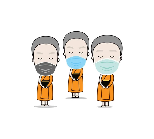 Moine Thaïlandais Mettre Masque Facial Protection Contre Virus Illustration Vectorielle — Image vectorielle