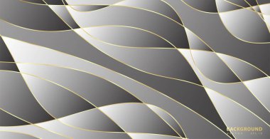 Altın dalgalı soyut bir arkaplan. Lüks kağıt kesimi arka plan, altın desen, yarım ton gradyan, kaplama şablonu, geometrik şekiller, modern minimal afiş. 3d Vektör illüstrasyonu.