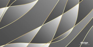 Altın dalgalı soyut bir arkaplan. Lüks kağıt kesimi arka plan, altın desen, yarım ton gradyan, kaplama şablonu, geometrik şekiller, modern minimal afiş. 3d Vektör illüstrasyonu.