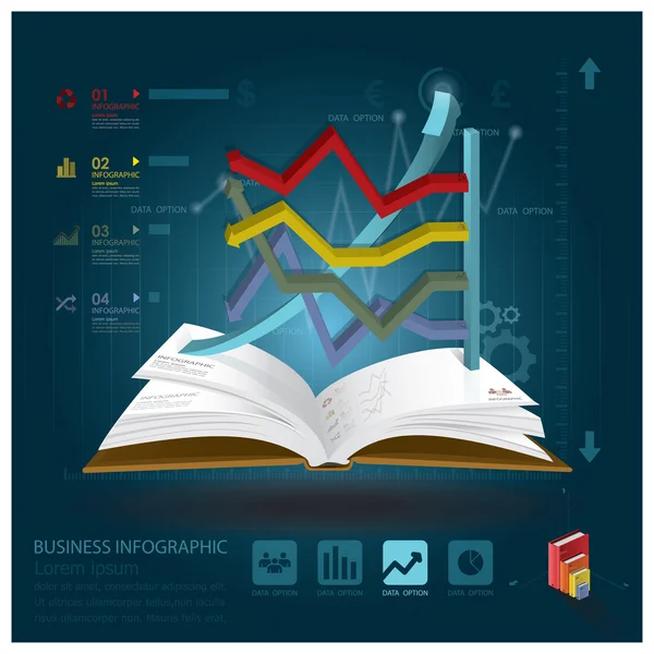 開いている本の学習スタイルとビジネス インフォ グラフィック — ストックベクタ