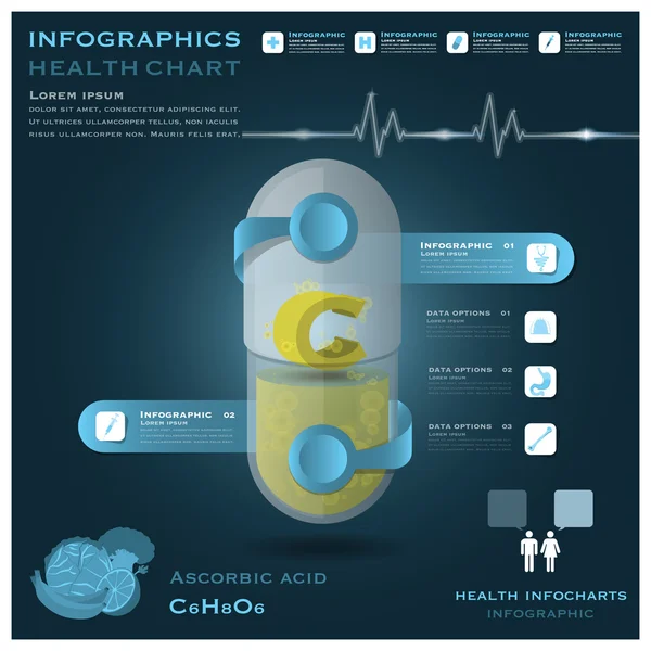 Vitamine c pil capsule gezondheid en medische infographic infocharts — Stockvector