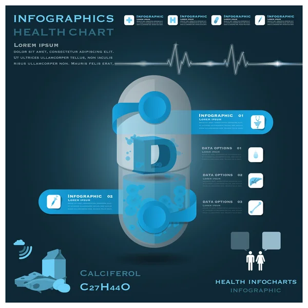 Salute della capsula della pillola di vitamina D e Infocharts infografici medici — Vettoriale Stock