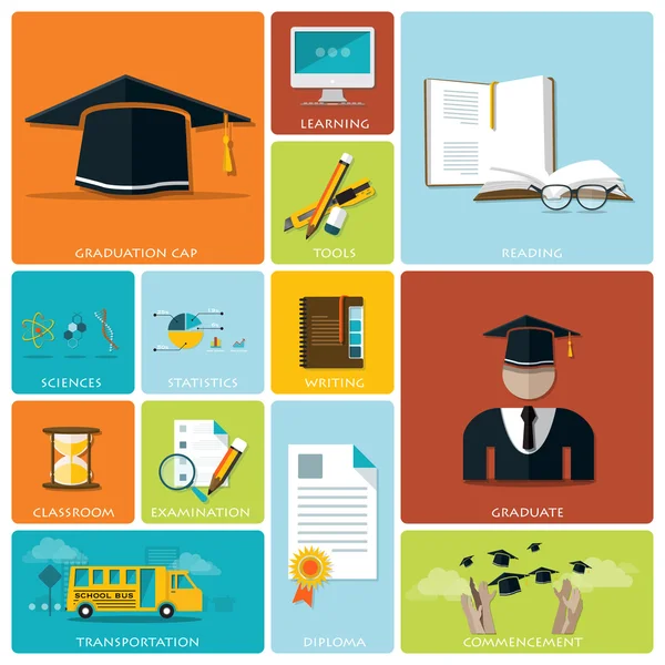Educación y graduación Icono plano conjunto — Archivo Imágenes Vectoriales