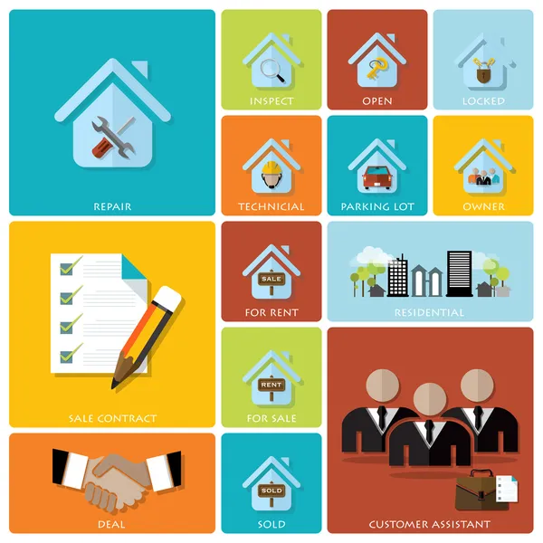 Negocio e Inmobiliaria Apartamento Icon Set — Vector de stock