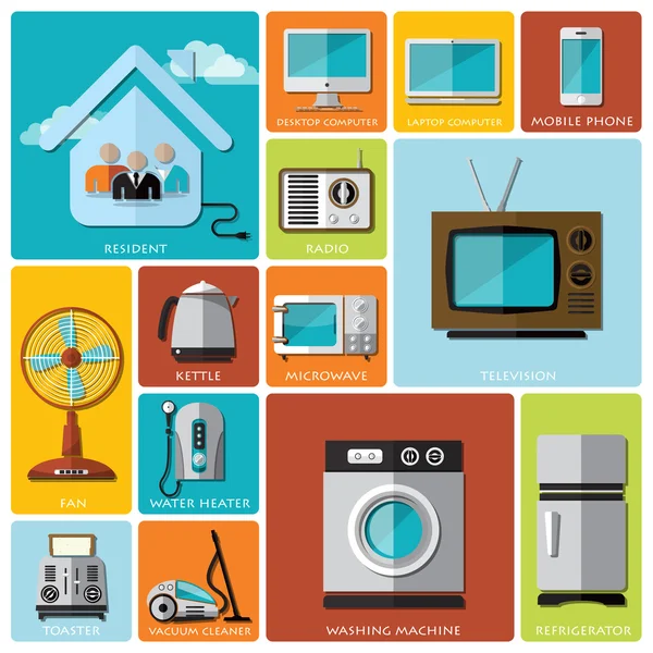 Electronic Machine And House Flat Icon Set — Stock Vector