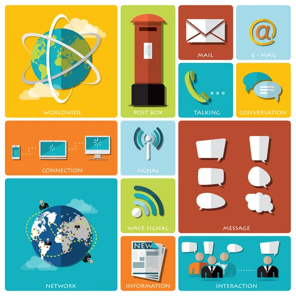 Communication And Connection Flat Icon Set — Stock Vector