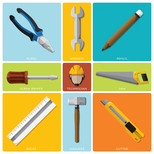 Technician And Equipment Tools Flat Icon Set — Stock Vector