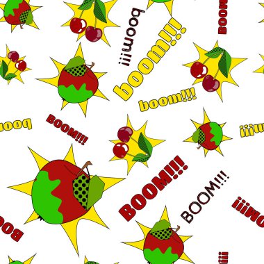 Pop sanat tarzında kusursuz, sonsuz bir model. Beyaz arka planda, üzerinde yazılar olan vişne ve elma. Vektör illüstrasyonu.