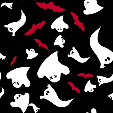 Siyah arka planda küçük sevimli hayaletlerin ve kırmızı yarasaların kusursuz deseni. Basit, ürkütücü bir karakteri ve korkunç canavarları olan bir arka plan. Cadılar Bayramı için kumaş ve ambalaj kağıdı için..