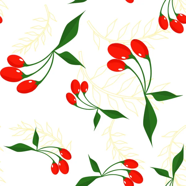 Kusursuz desen. Yapraklı goji üzümü dalı. Stilize edilmiş çok renkli vektör çizimi. Kumaş ve ambalaj kağıdı için. Beyaz arkaplan.