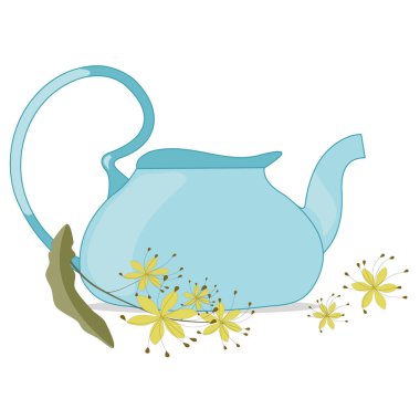 Beyaz arka planda cam çaydanlık ve ıhlamur filizi. Mavi mutfak aletleri. sağlıklı içecekler. tasarım için vektör illüstrasyonu. 