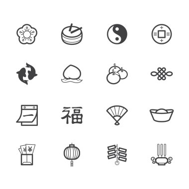 Çin yeni yılı siyah simgesi beyaz zemin üzerine seti