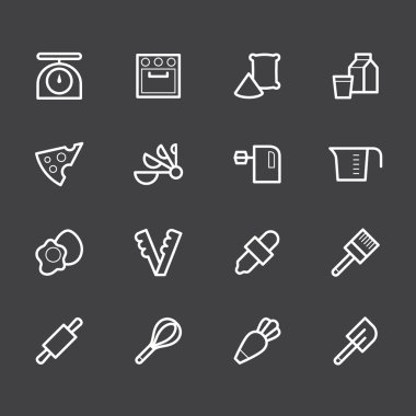 fırın araçları üzerinde siyah arka plan ayarlamak beyaz simge vektör