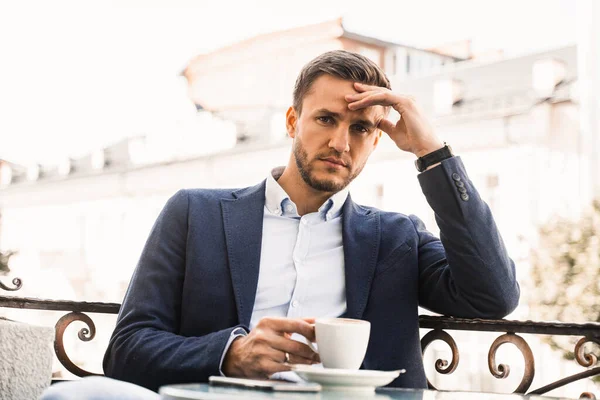 Homem Bonito Com Xícara Café Café Estilo Vida Manhã Sexo — Fotografia de Stock