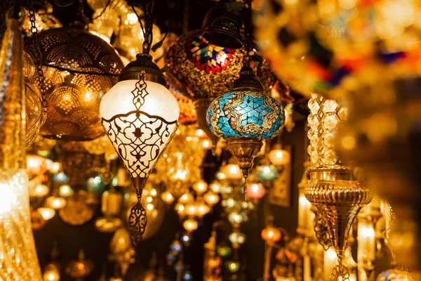 Assortment Lanterns Mosaic Lamps Oriental Traditional Lamps Hanging Market Turkey — Stock Photo, Image