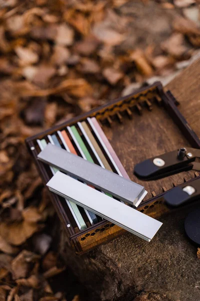 Set Professional Whetstone Sharpener Knife — Stock Photo, Image