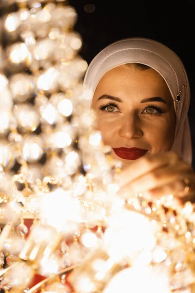 Fashion Muslim Model Big Expensive Chandelier Islamic Religion — Stock Photo, Image