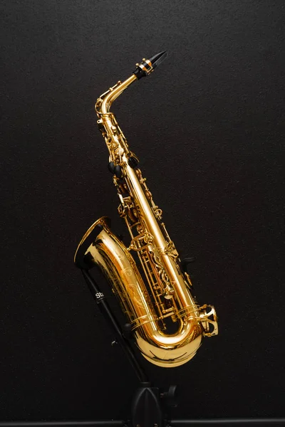 Instrumento Musical Sax Para Tocar Jazz Instrumento Músico Saxofón Soporte — Foto de Stock