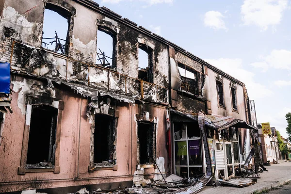 Zerstörte Und Niedergebrannte Zivile Häuser Und Geschäfte Der Stadt Trostjanez — Stockfoto