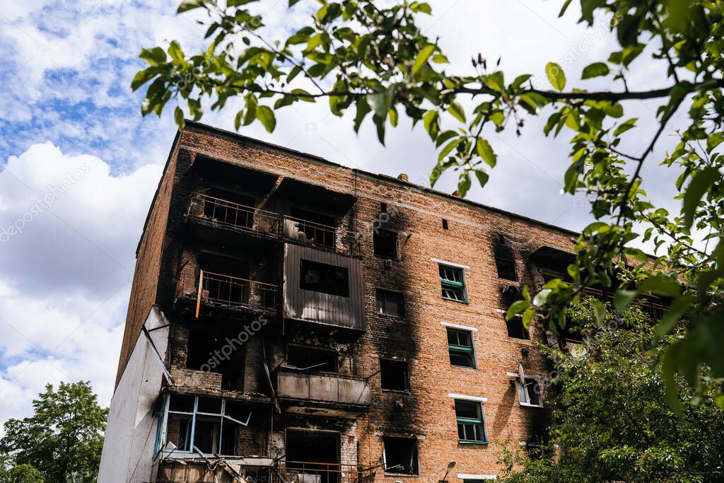 War in Ukraine. A burnt civilian house from the Russian military in the occupied city of Trostyanets. Russian military invasion of Ukraine 2022