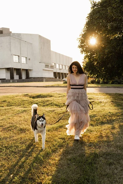 Georgian woman walking with siberian husky at sunset. Attractive girl with her lovely dog playing on the street