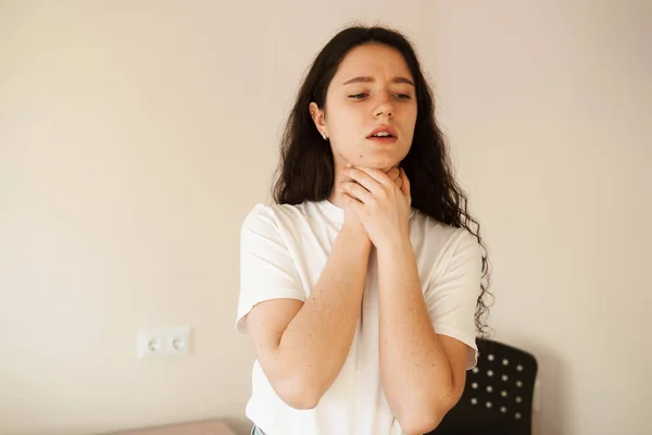 Pharyngitis First Symptoms Throat Ache Sick Attractive Girl Touches Throat —  Fotos de Stock